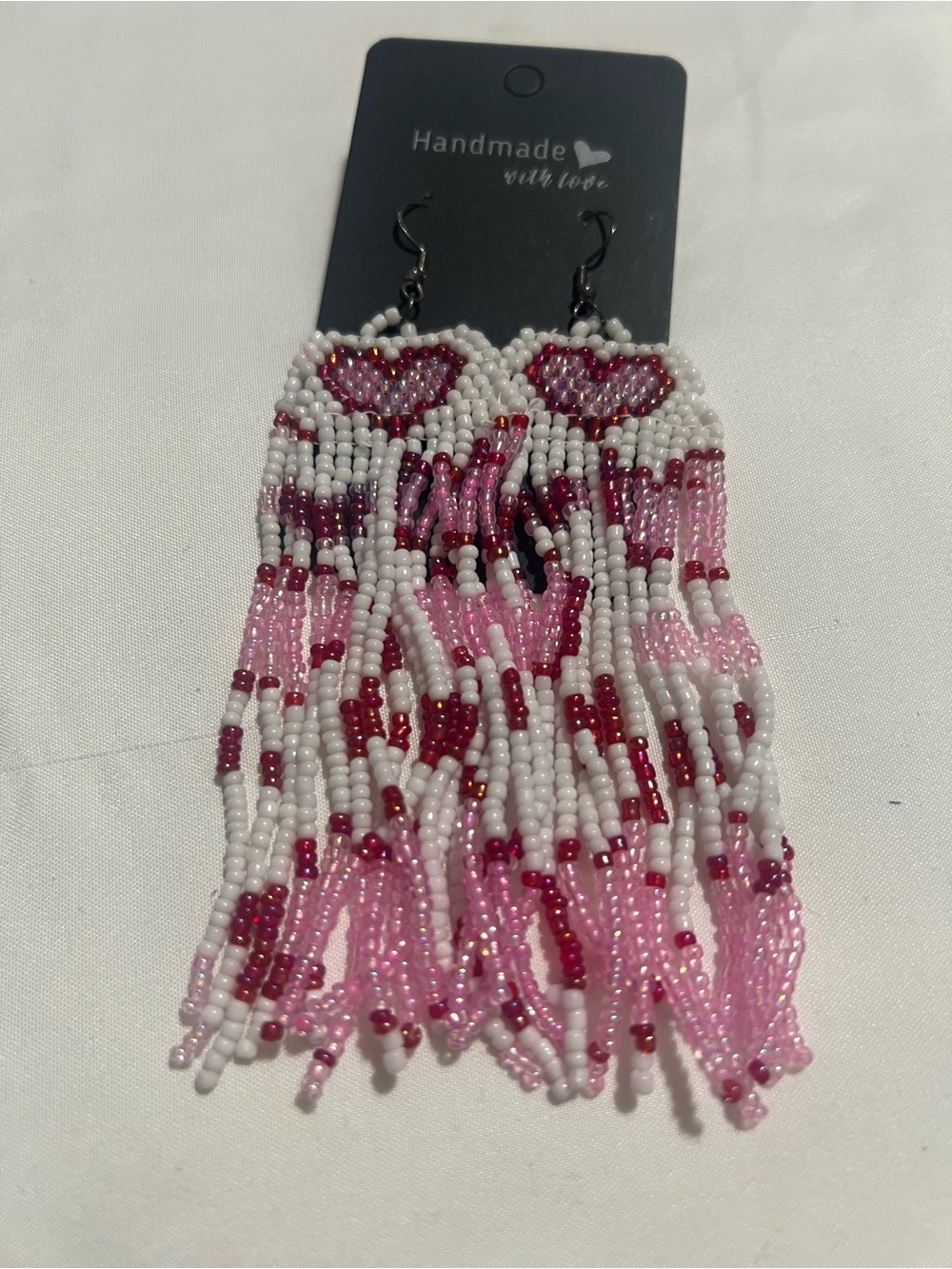 Handmade Pink & White Beaded Heart Fringe Earrings